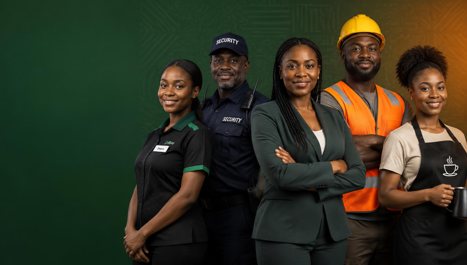 Five Nigerian workers — a sales assistant, security officer, banker, construction worker and barista — standing together confidently