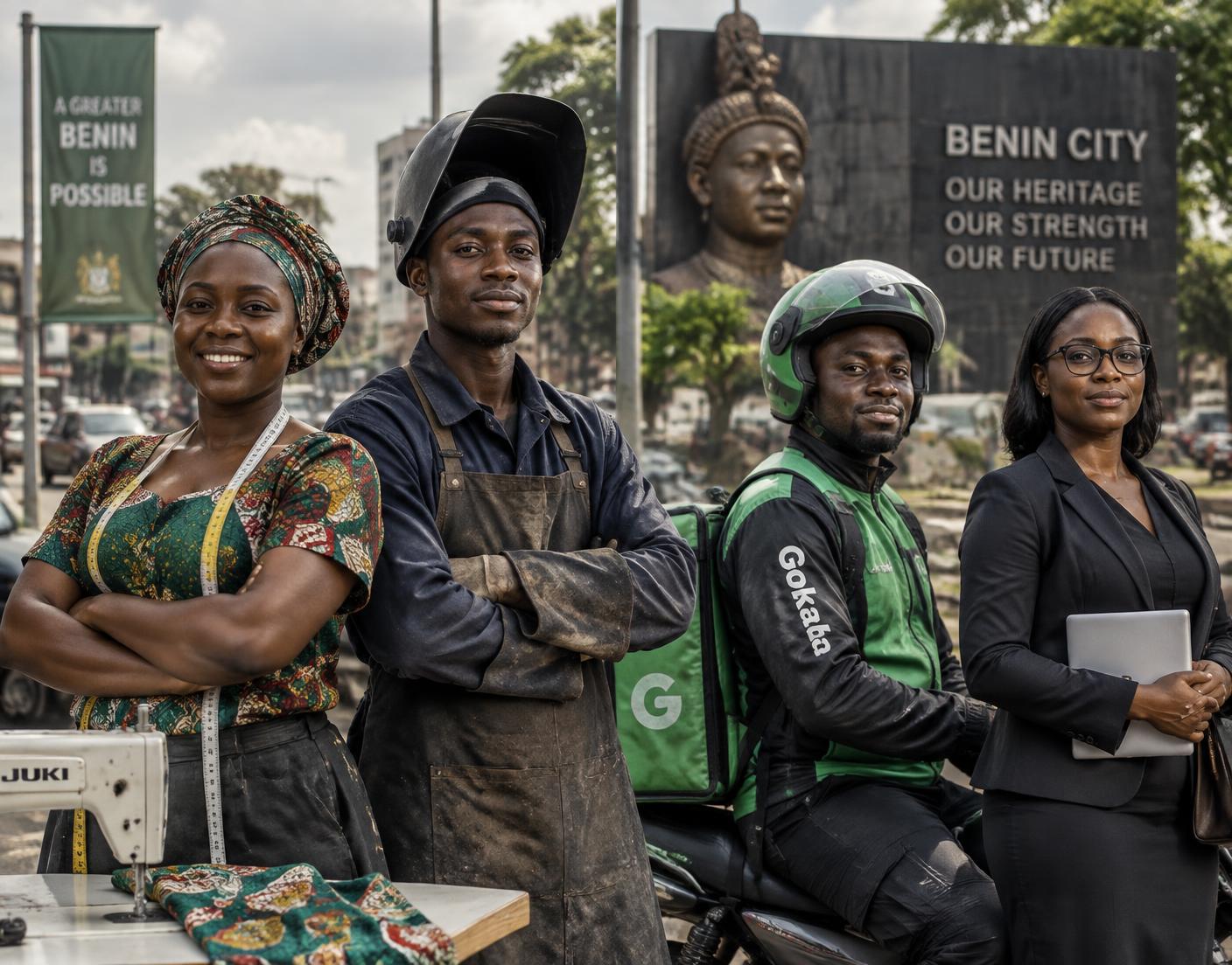 Nigerian workers in Benin City: a tailor, a welder, a delivery rider and an office professional